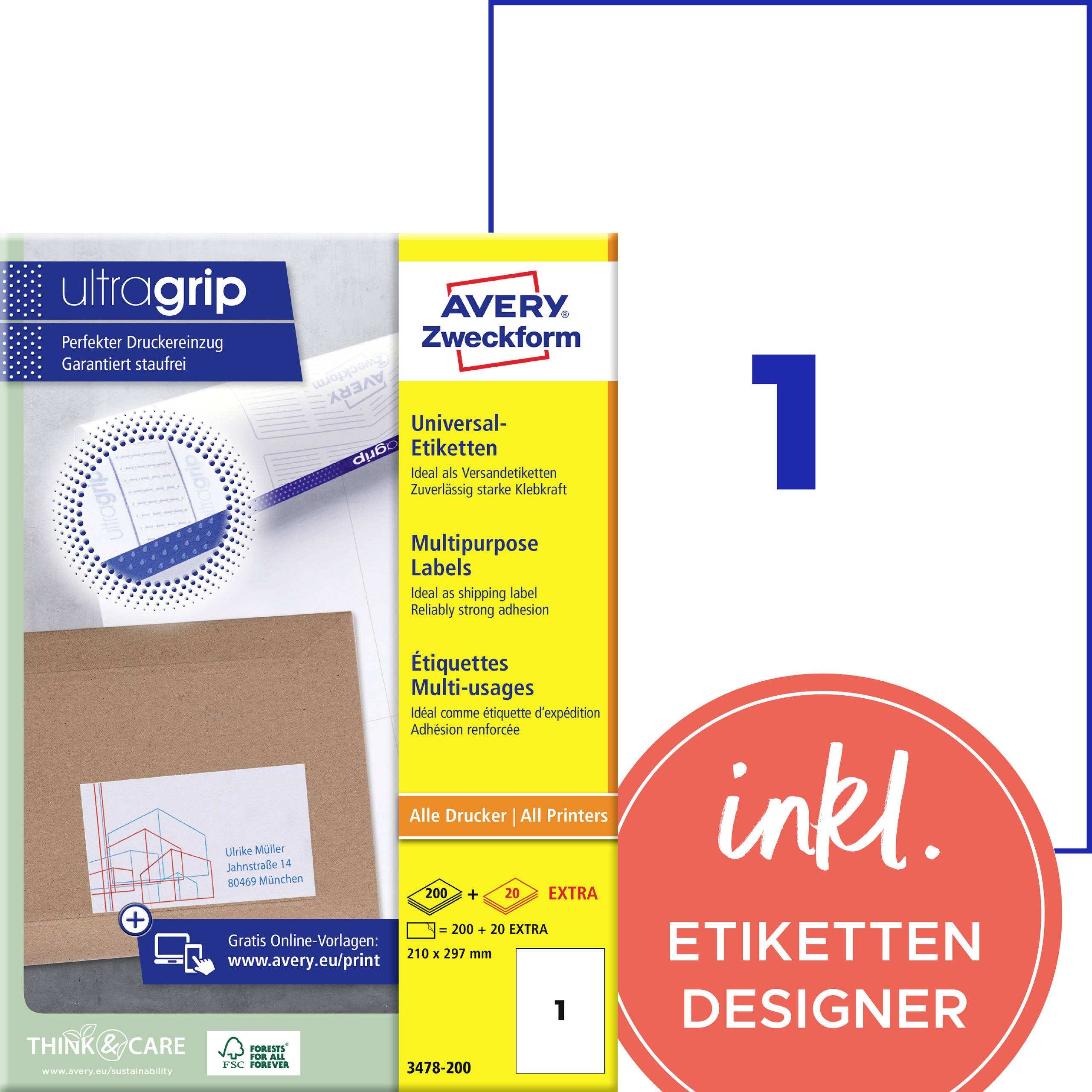 'Etikettenset van Avery Zweckform UltraGrip, compatibel met alle printers. Bevat 200 etiketten, A4-formaat, wit.'