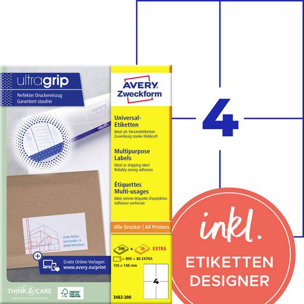Avery-Zweckform 3483-200 Universele etiketten 105 x 148 mm Papier Wit 880 stuk(s) Permanent hechtend Inkjet, Laser (zwart/wit), Laser (kleur), Kopiëren (zwart/wit), Kopiëren (kleur), Handschriften