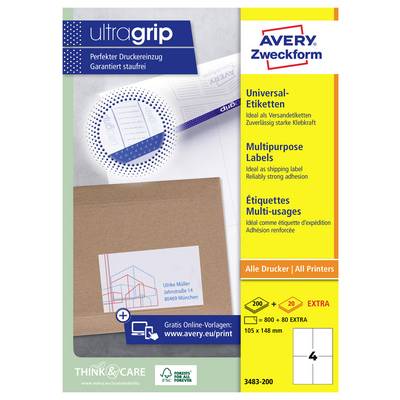 Avery Zweckform 'ultragrip' universeel verzendlabels pakket, met sterke kleving, printercompatibiliteit, labelformaat 105 x 148 mm, en 4 labels per vel.