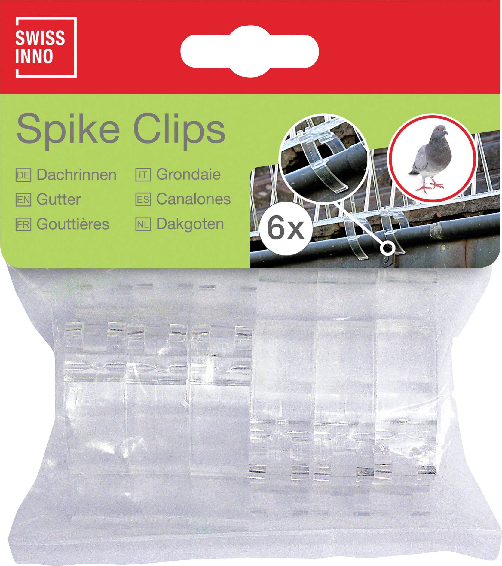 'Swiss Inno Spike Clips' verpakking met zes clips voor gootgebruik, met een duikenwerend beeld en tekst in meerdere talen.