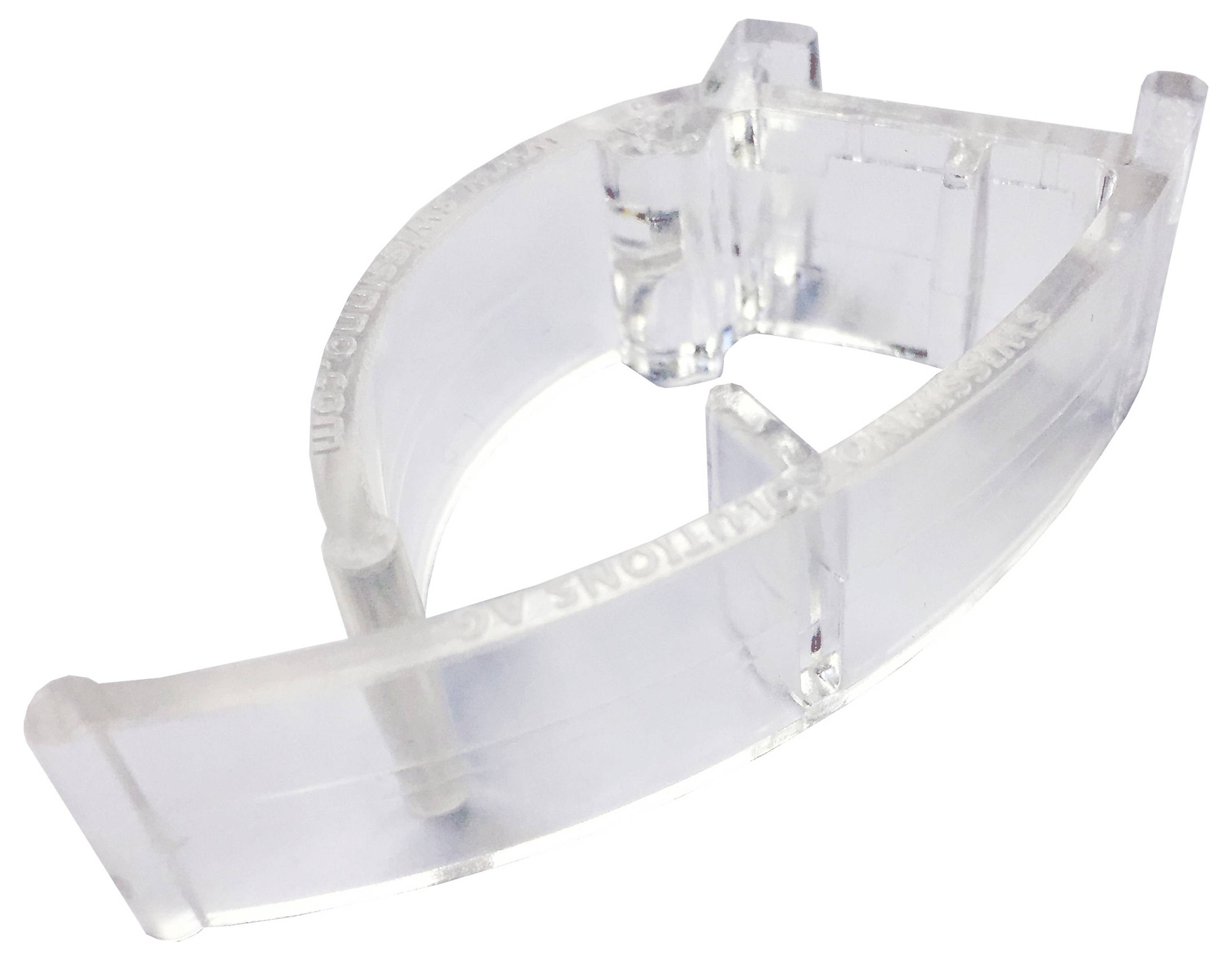 Een transparante acryl standaard in de vorm van een halve maan met vlakke oppervlakken en kleine verticale vinnen voor stabiliteit.
