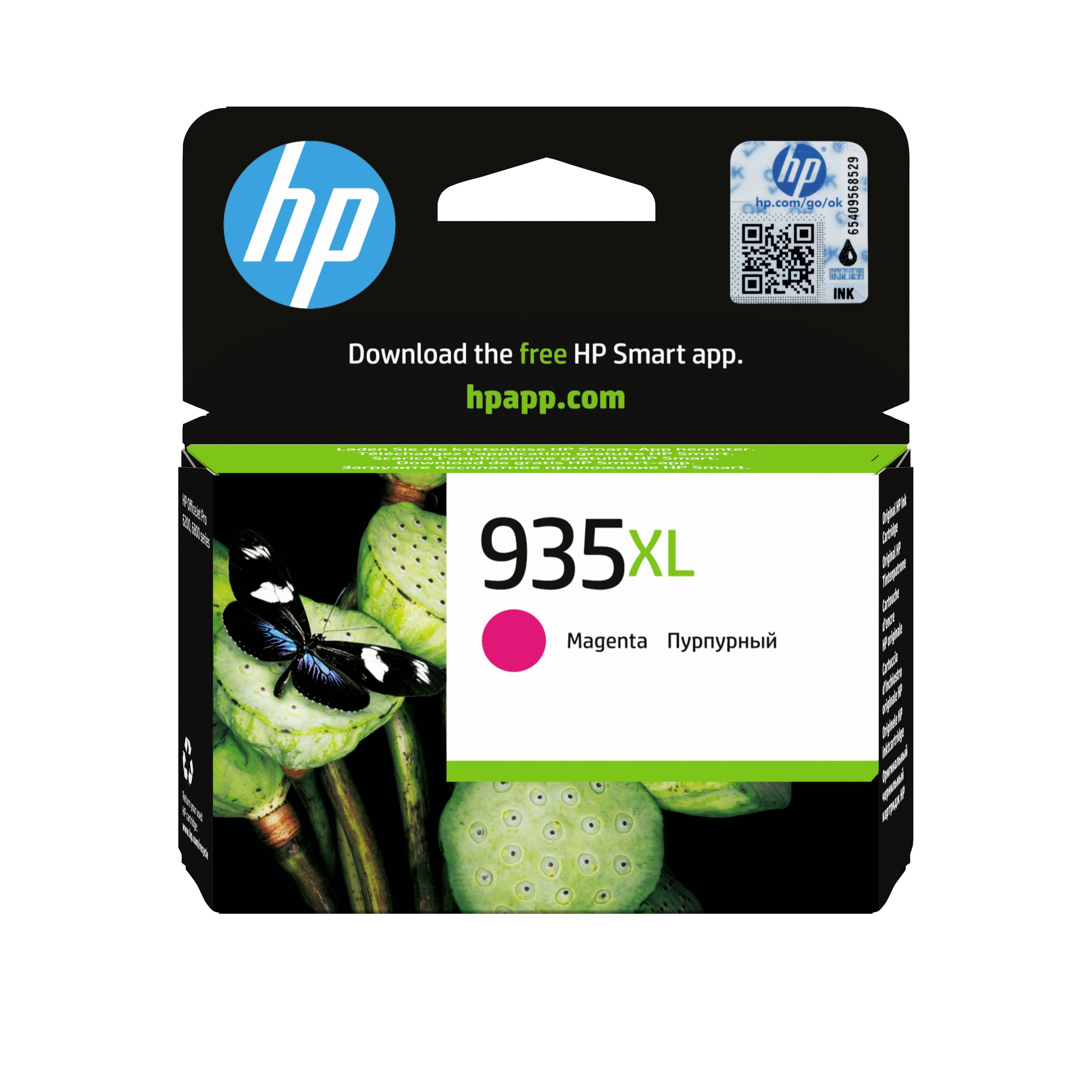 HP 935XL magenta inktcartridgeverpakking met HP-logo, QR-code en de tekst 'Download de gratis HP Smart-app'.