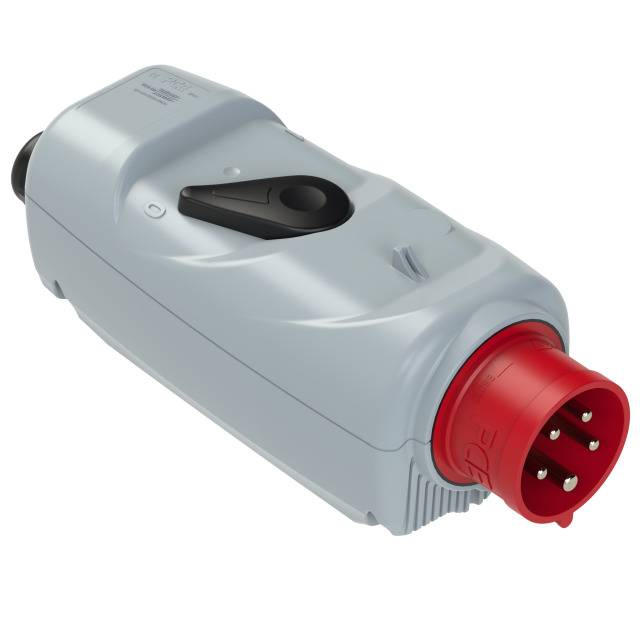 Industriële connector met rode, ronde inzetstuk en beschermkoord. Geschikt voor hoogbelastbare elektrische toepassingen.