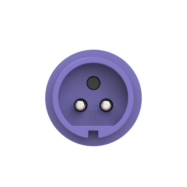 Een paarse stekkerdoos-adapter met twee ronde openingen en een aarding in het bovenste gedeelte, frontaal bekeken.