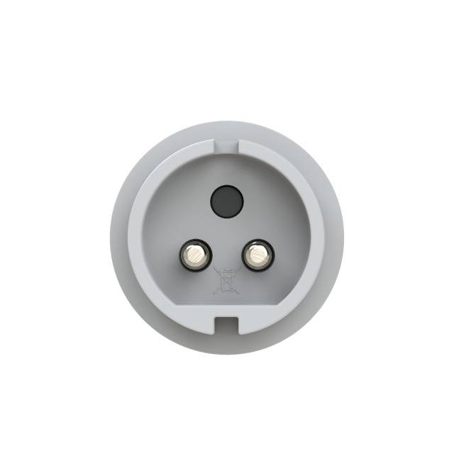 Witte stopcontact frontaal met twee ronde openingen en aardingscontact in het midden.