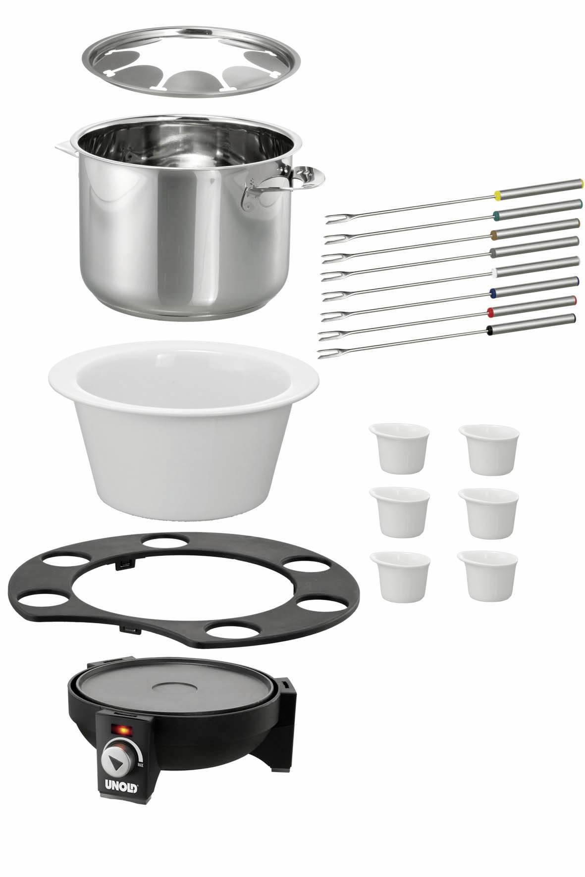 Set met roestvrijstalen pot, zes fonduevorkjes, spatscherm, keramische kom, zes sauskom­metjes, draaiplateau en rechaud.
