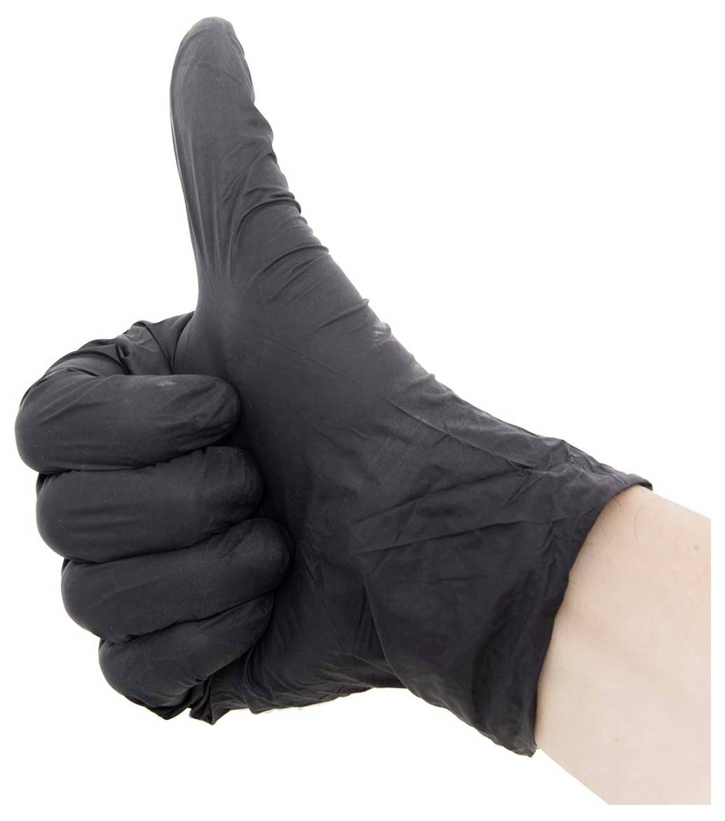 Een hand die een zwarte handschoen draagt geeft een duim omhoog gebaar tegen een witte achtergrond, wat goedkeuring of positiviteit aangeeft.