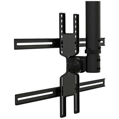 Een zwarte tv-wandbeugel, monteerbaar aan een verticale buis. Deze maakt flexibele aanpassing en draaiende bewegingen van de televisie mogelijk.