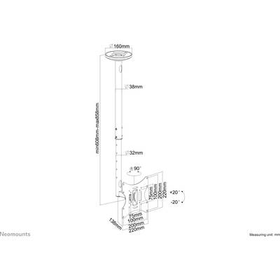 Technische tekening van een plafondbeugel voor projectoren. Afmetingen: hoogte 680mm-980mm, max. 850mm. Zwenkbereik ±90°, kantelbereik -20° tot +20°.