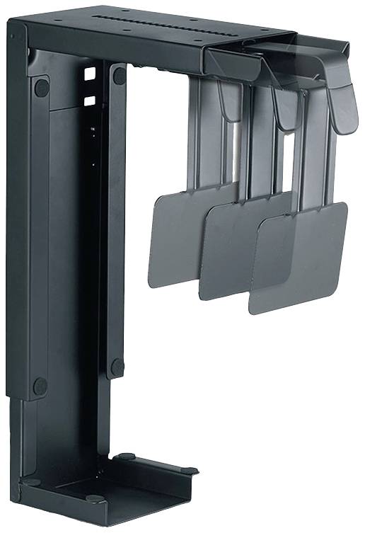 Zwart, rechthoekig metalen frame voor verticale opslag van drie smalle metalen platen.