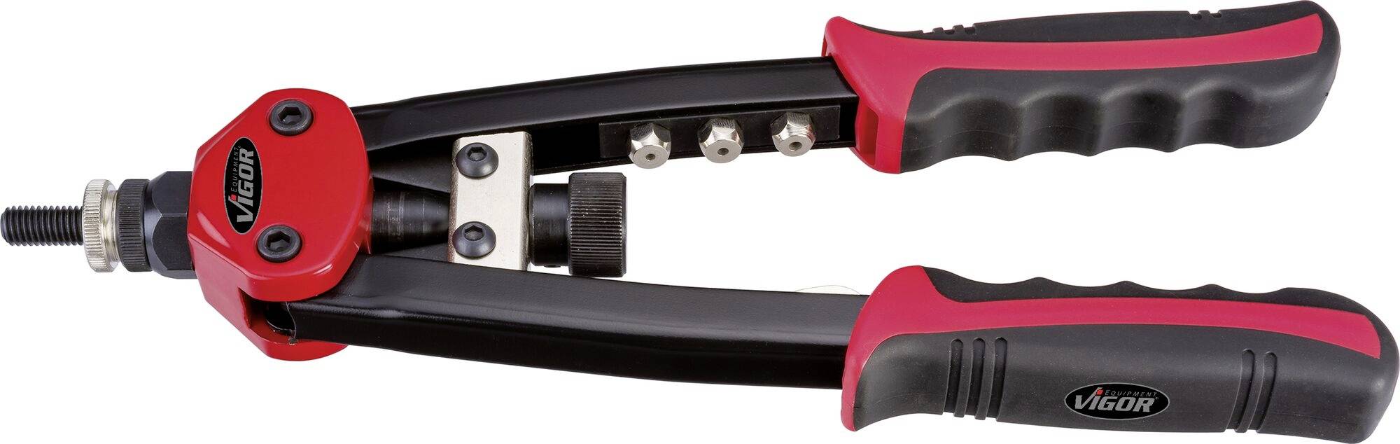 Een rode en zwarte klinktang met ergonomische handgrepen. Gebruikt voor het aanbrengen van blinde klinknagels.