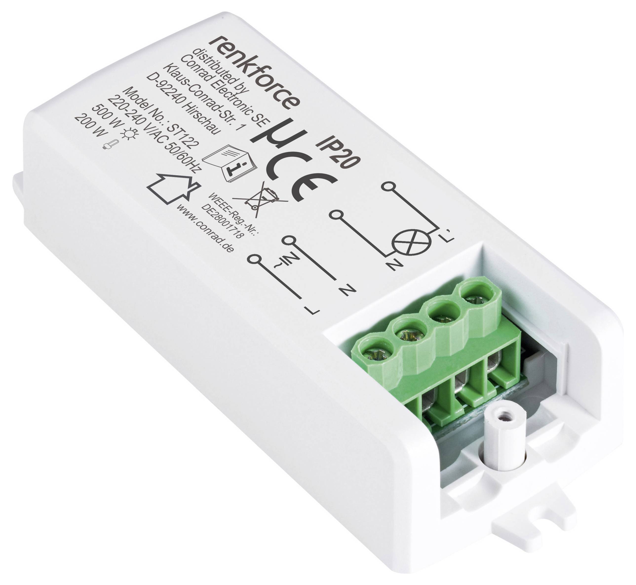 Een witte LED-dimmer met het label 'renkforce', met vier aansluitpunten en technische specificaties waaronder een IP20-waardering en 200W capaciteit.
