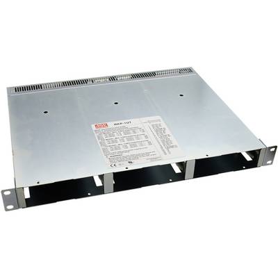 Een zilveren metalen behuizing met ventilatiesleuven en een etiket met technische specificaties.