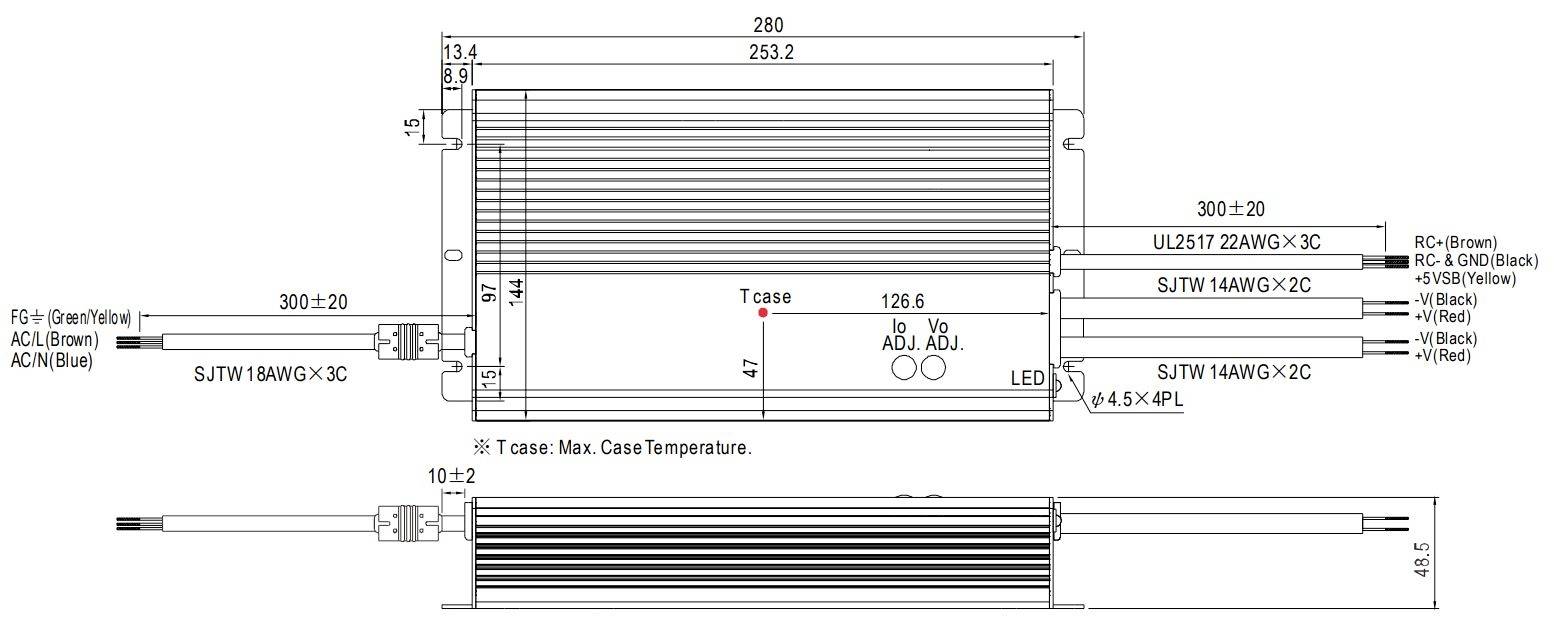 Diagram van LED-voedingseenheid met afmetingen, bedradingsaansluitingen voor AC en DC-kabels. Temperatuurmetingspunt gelabeld als 'Tc'.