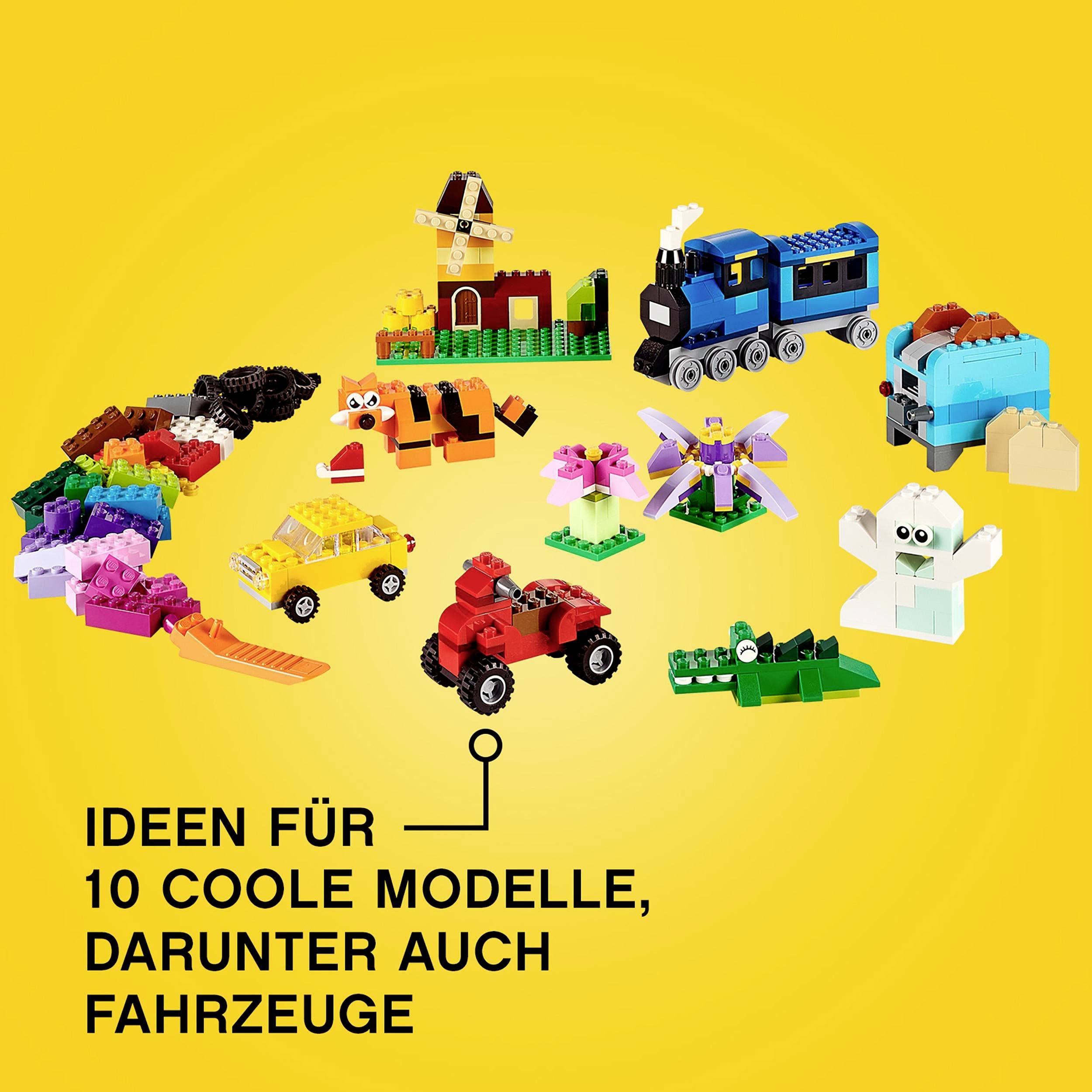'LEGO-modellen van verschillende voertuigen en figuren op een gele achtergrond. Tekst: Ideeën voor 10 coole modellen, inclusief voertuigen.'