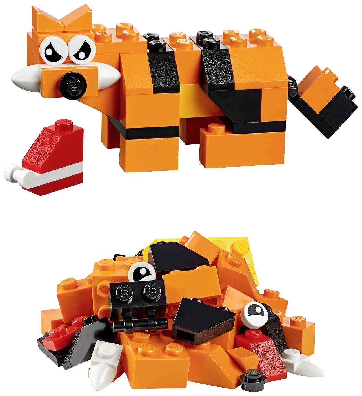 Twee Lego-katten: De bovenste kat staat en houdt een rode mok vast; de onderste kat ligt in elkaar gezet op de grond. Beide zijn oranje met zwarte strepen.