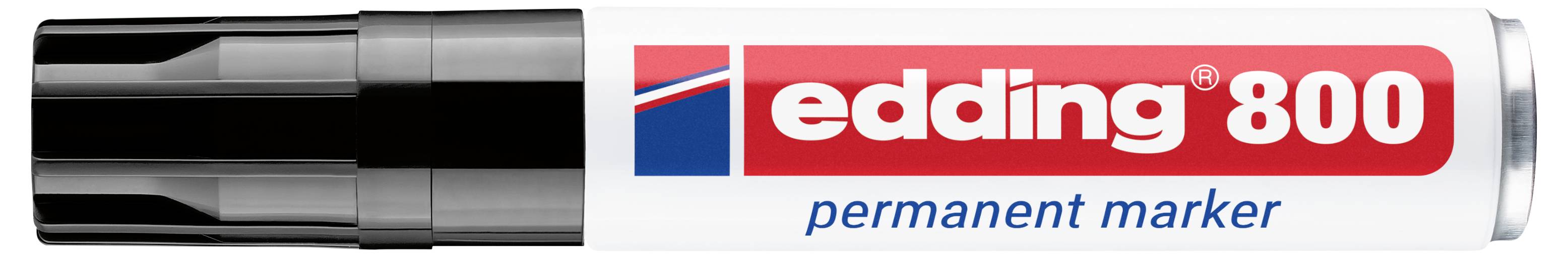 Zwart-wit Edding 800 permanente marker pen horizontaal weergegeven, met rood en blauw branding op de lichaam.