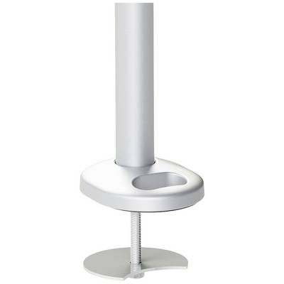 Een zilveren tafelbevestigingsarm die aan een tafel kan worden gemonteerd, met een klem aan het uiteinde voor veilige bevestiging.