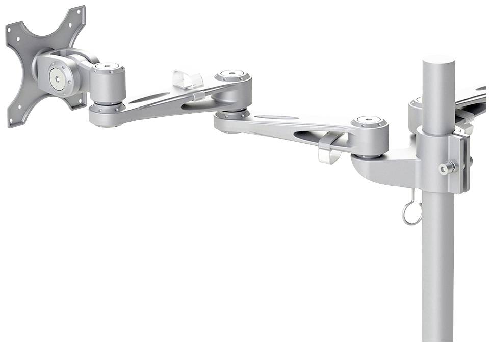 Stabiele metalen monitorsteun met verstelbare armen die zijn bevestigd aan een verticale stang, voor flexibele schermpositionering.