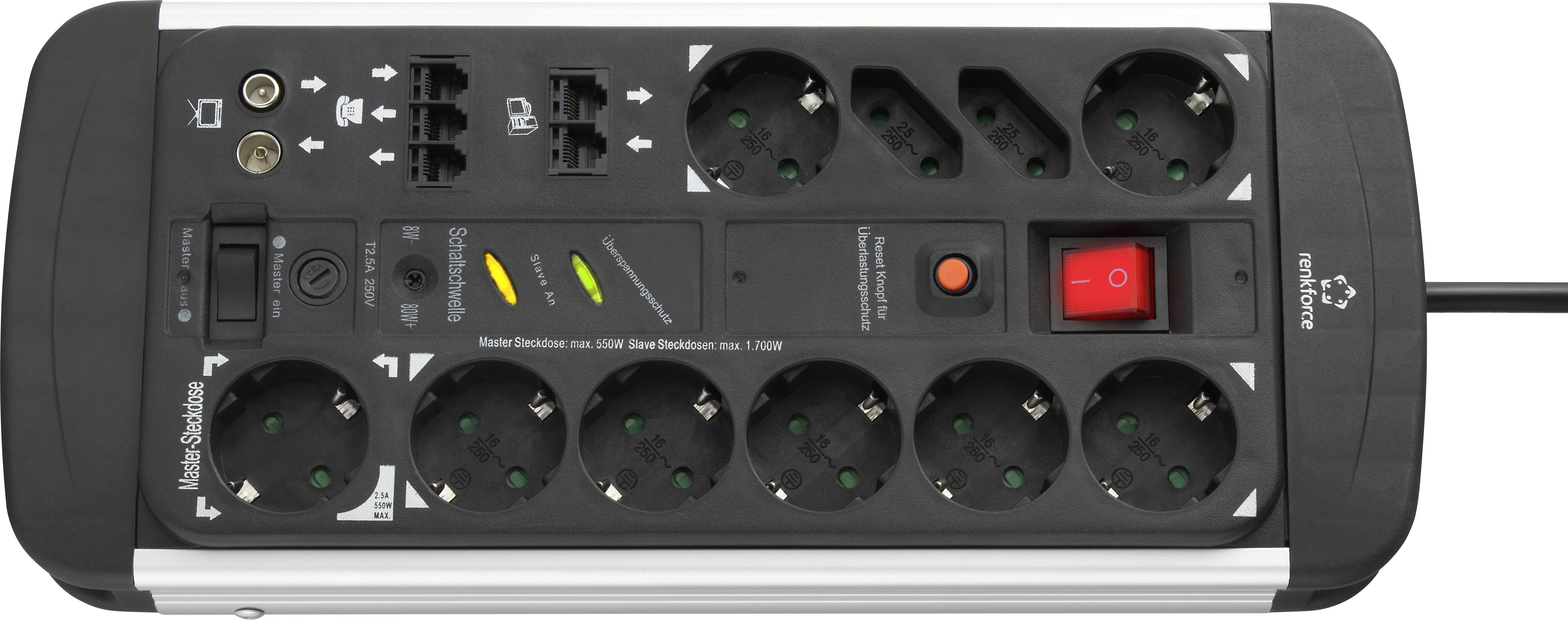 'Stekkerdoos met acht stopcontacten en twee USB-poorten, aan/uit-schakelaar en LED-indicatoren voor overspanningsbeveiligingsstatus.'