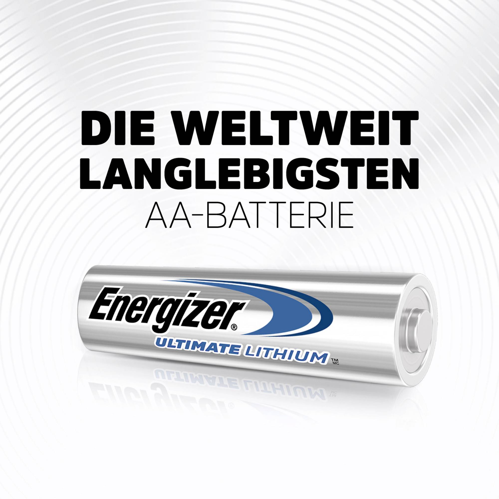 Een Energizer AA-batterij met het opschrift 'Ultimate Lithium' ligt op een witte radiale achtergrond. Tekst: 'De meest duurzame AA-batterij ter wereld'.