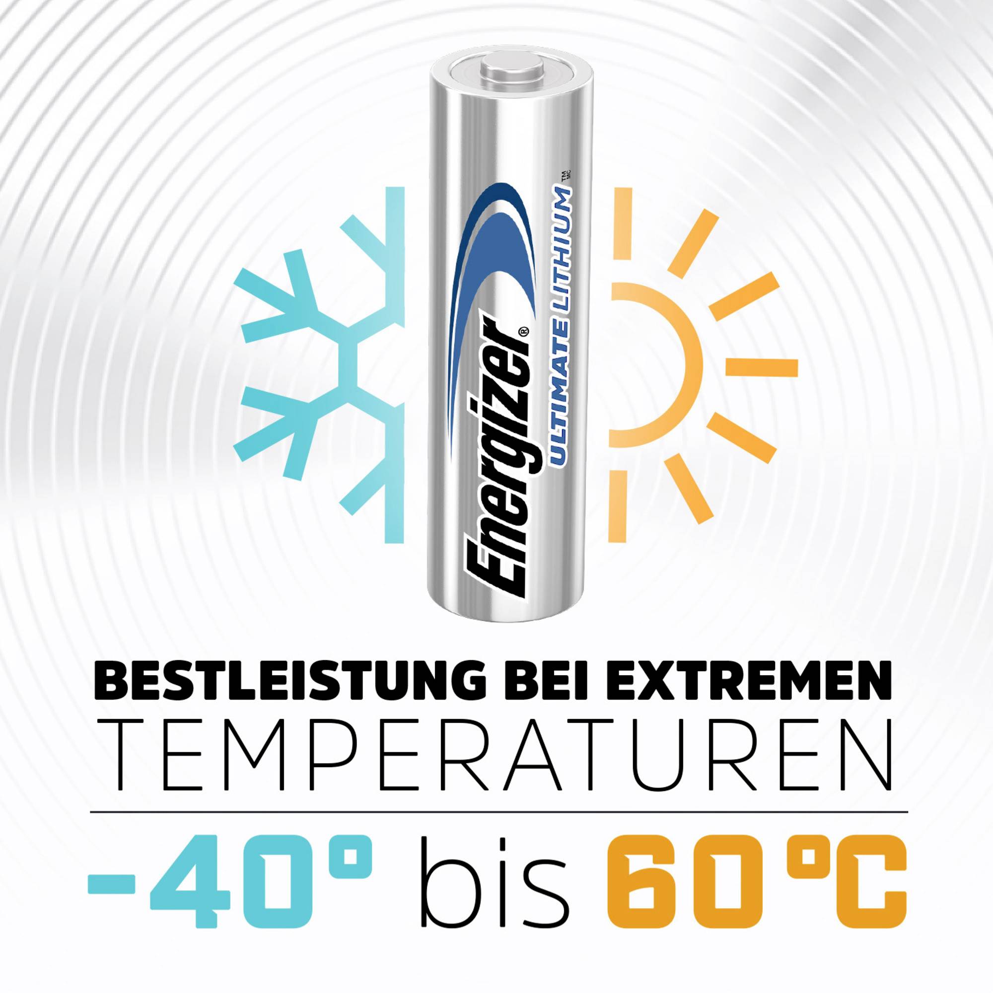 'Energizer Ultimate Lithium' batterij met symbolen voor extreme kou en hitte. Tekst: Beste prestaties van -40°C tot 60°C.