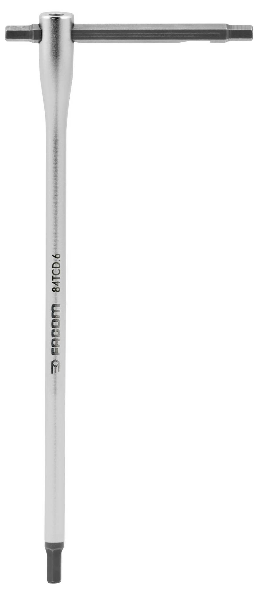 Een T-vormige zeskantsleutel met een handgreep bovenaan en een lange steel die onderaan eindigt. Het gereedschap is zilverkleurig met een zwarte handgreep.