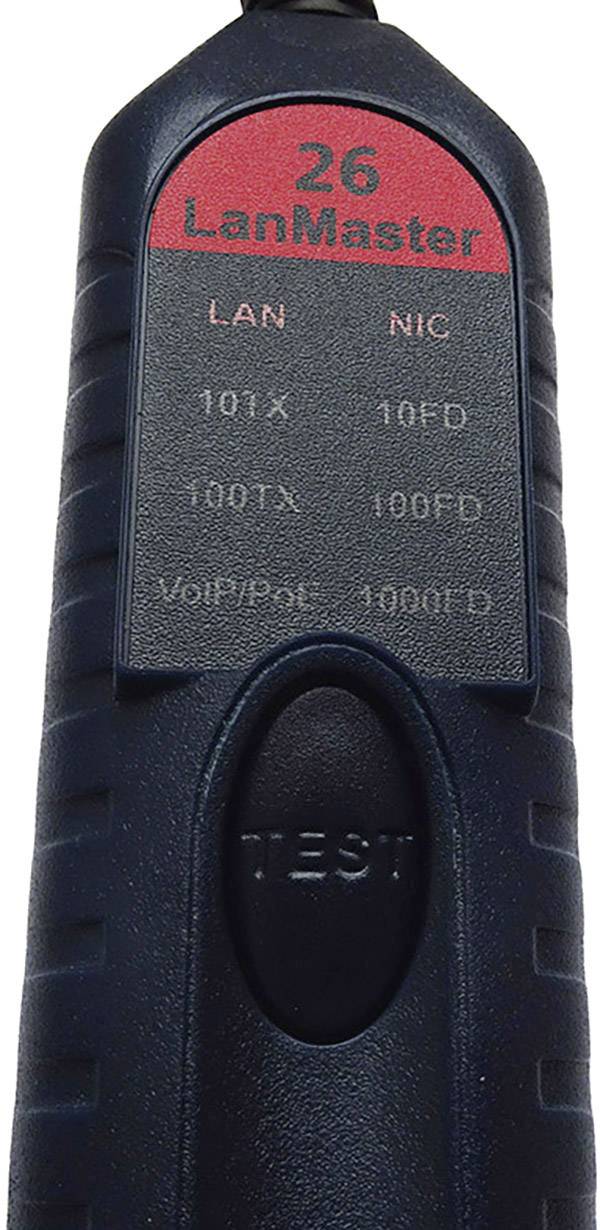 LAN-tester in zwart met rode kop, gemerkt '26 LanMaster', toont testresultaten voor LAN en NIC: 10TX, 10FD, 100TX, 100FD, VoIP/POT, 1000FD. Testknop zichtbaar.