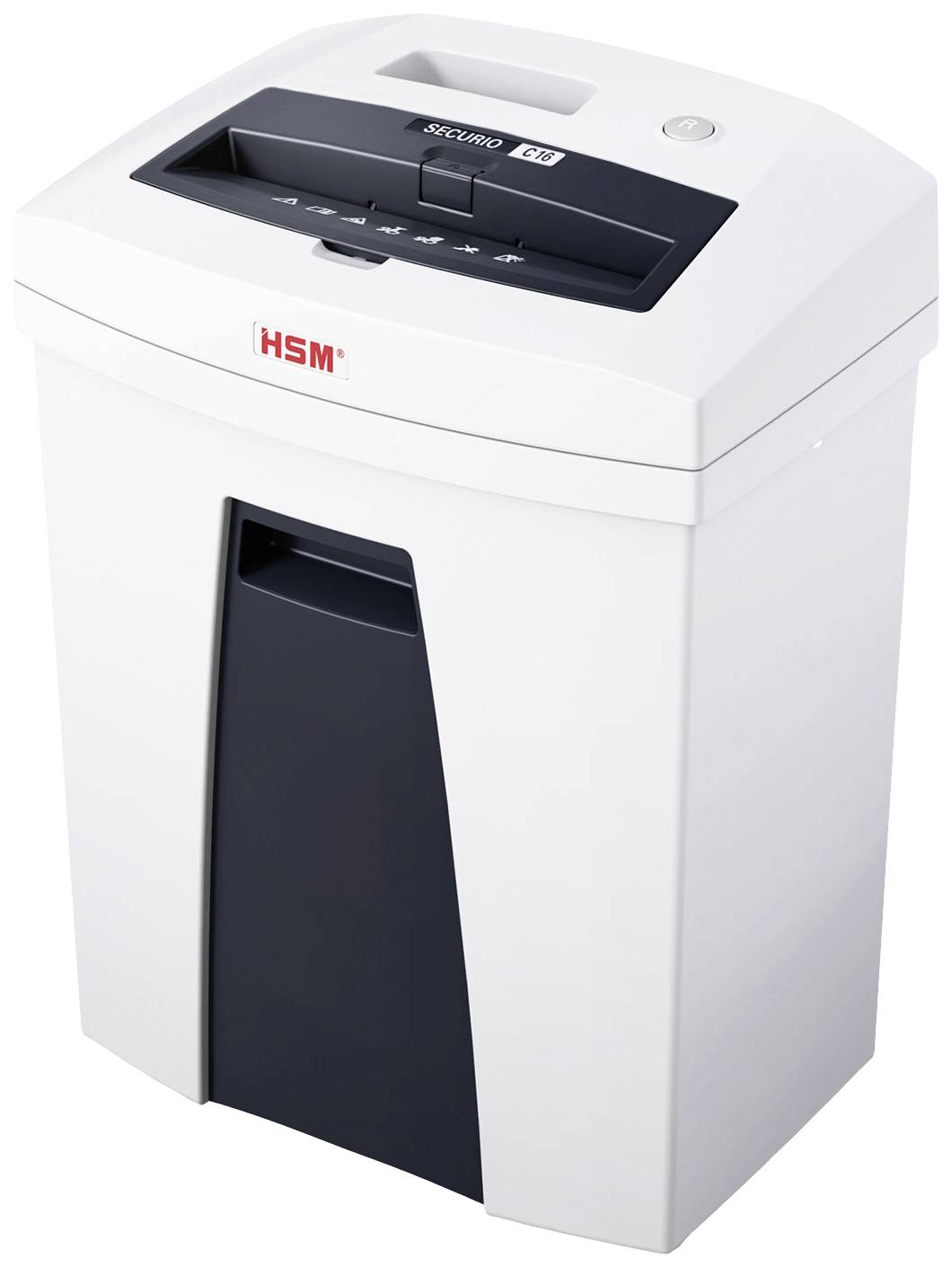 Een witte papiervernietiger met een papierlade en een zwart bedieningselement bovenop, geschikt voor kantoorgebruik voor het veilig vernietigen van documenten.