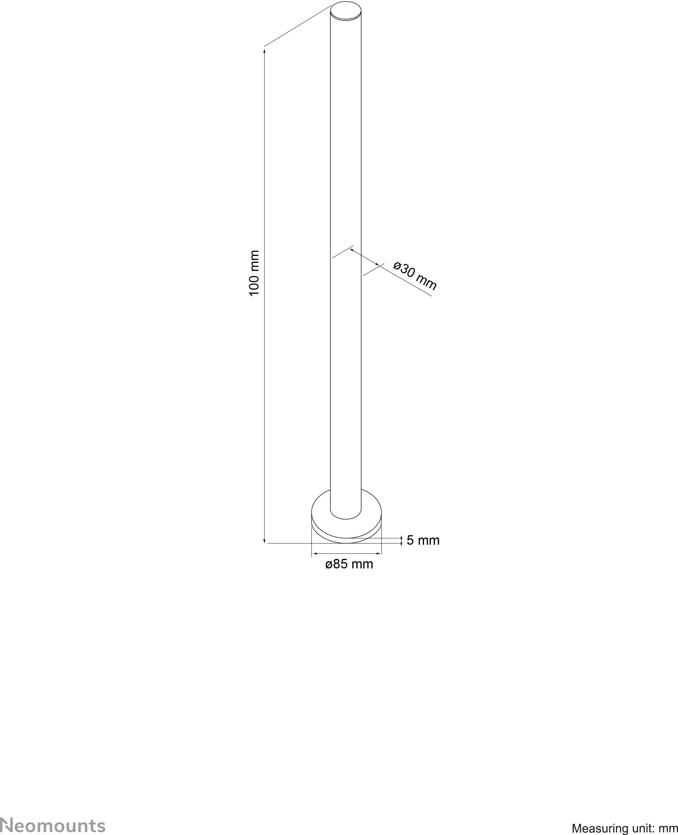 Een technische tekening van een cilindrische staaf met afmetingen: hoogte 100 mm, diameter 30 mm, sokkeldiameter 85 mm, wanddikte 5 mm.