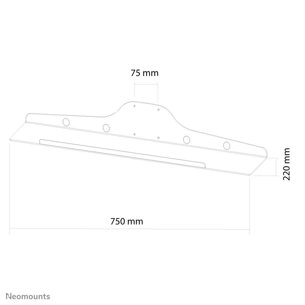 Technische tekening van een steun met afmetingen: 750 mm breedte, 220 mm hoogte, 75 mm afstand tussen twee bevestigingspunten.