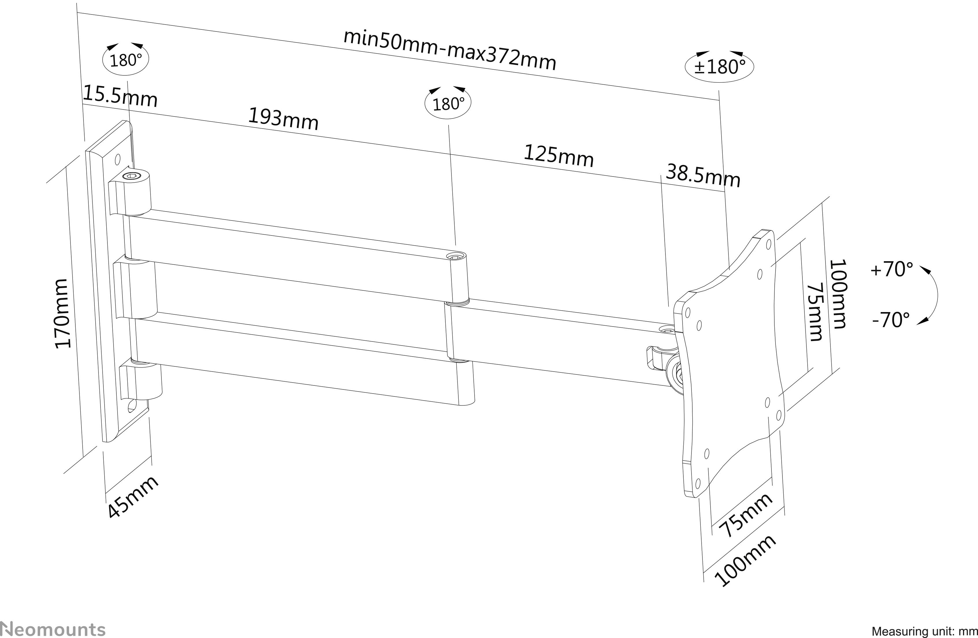 Technische tekening van een kantelbare en draaibare tv-beugel. Afmetingen: Wandplaat 170mm x 45mm, maximale afstand 372mm. VESA: 75/100mm.