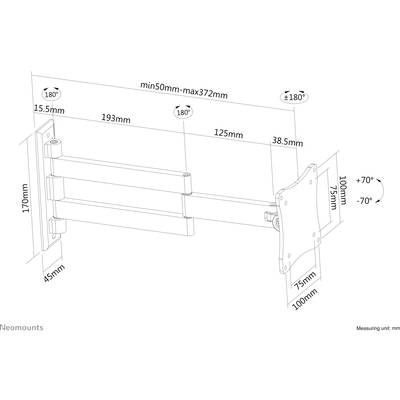 Technische tekening van een kantelbare en draaibare tv-beugel. Afmetingen: Wandplaat 170mm x 45mm, maximale afstand 372mm. VESA: 75/100mm.