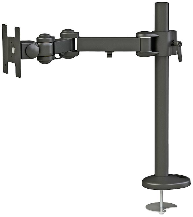 Een zwarte monitorarm met meerdere scharnieren en een tafelklem voor flexibele positionering van een beeldscherm.