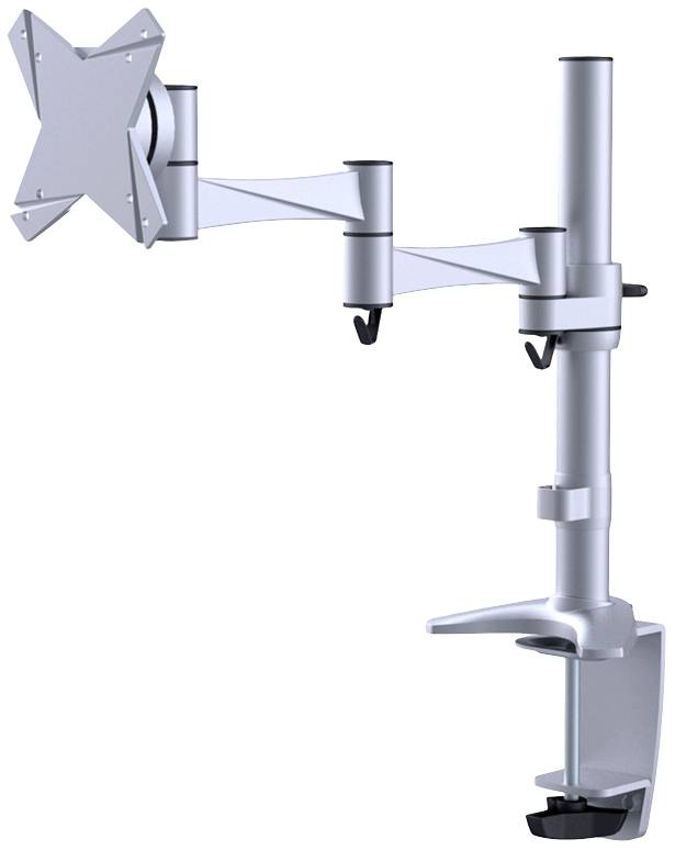 Een zilveren, in hoogte verstelbare monitorstandaard met een draaibare arm, bevestigd aan de rand van een bureau, voor ergonomisch werken.