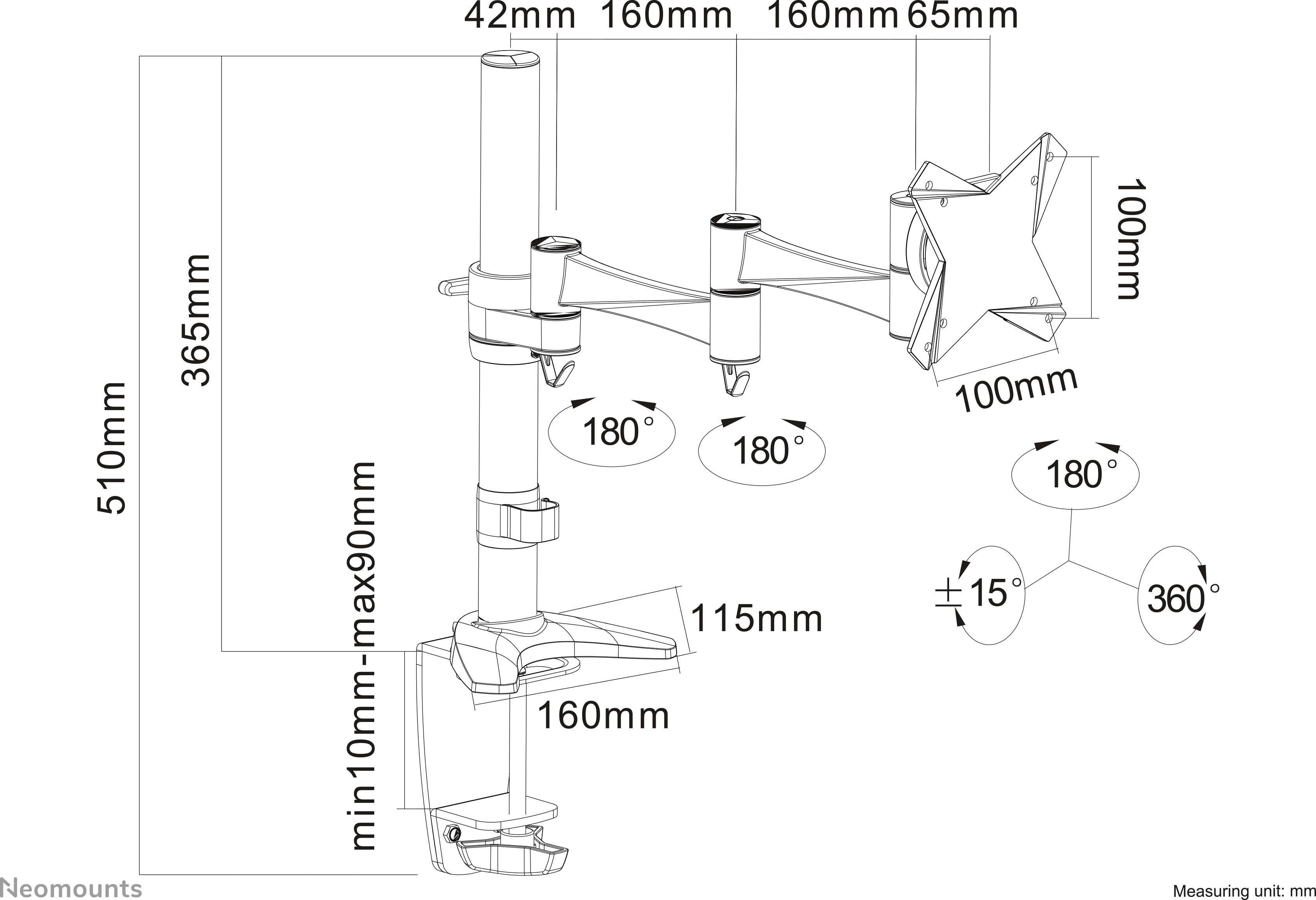 Monitorstandaard voor op het bureau met afmetingen: 510 mm hoog, 360 graden draaibaar. Geschikt voor beeldschermen, gedetailleerde weergave van de bevestigingsarmen.