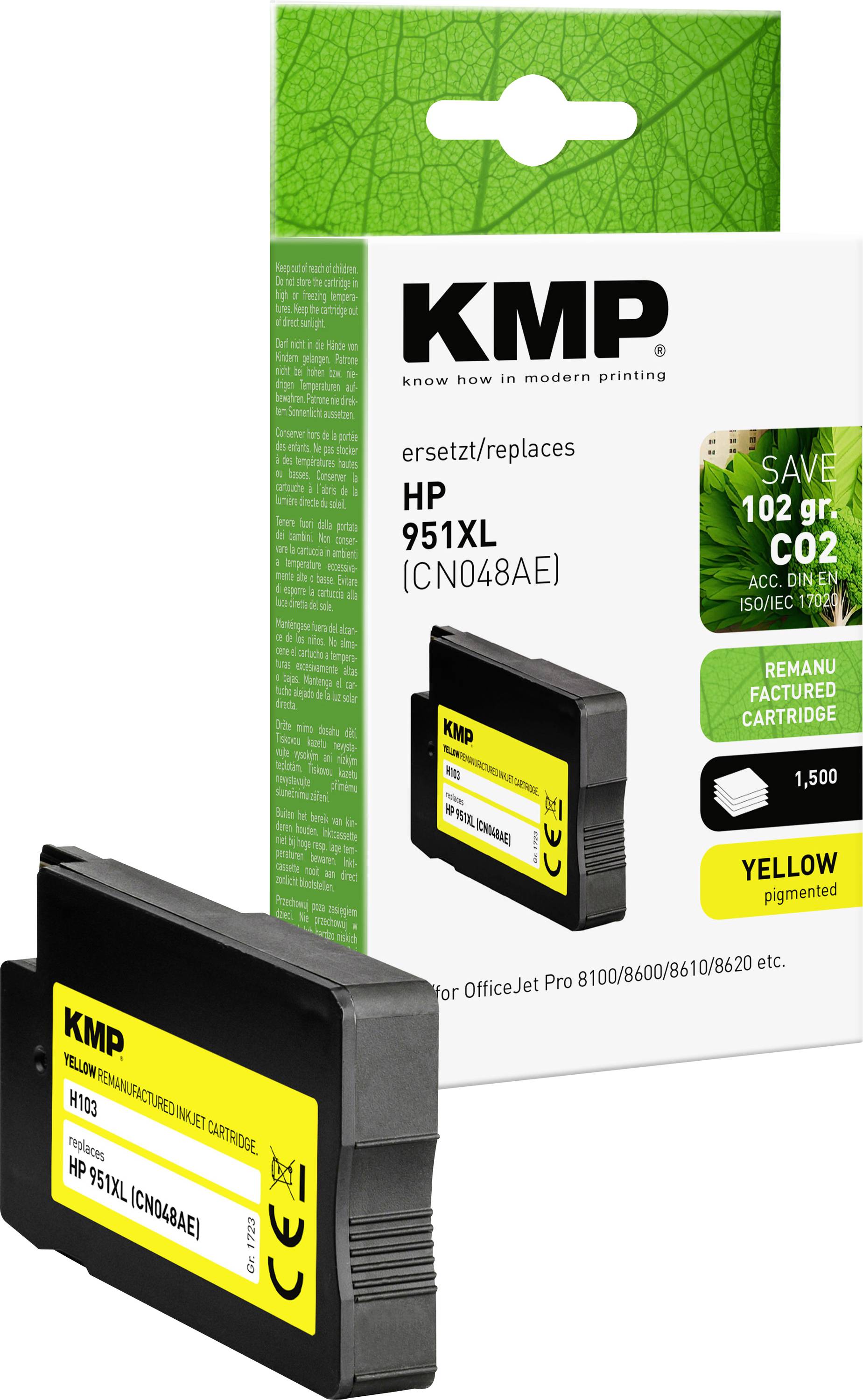 KMP-inktpatroon als vervanger voor HP 951XL in Geel. Verpakking bevat verwijzing naar recycling en CO2-besparing.