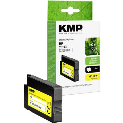 KMP-inktpatroon als vervanger voor HP 951XL in Geel. Verpakking bevat verwijzing naar recycling en CO2-besparing.