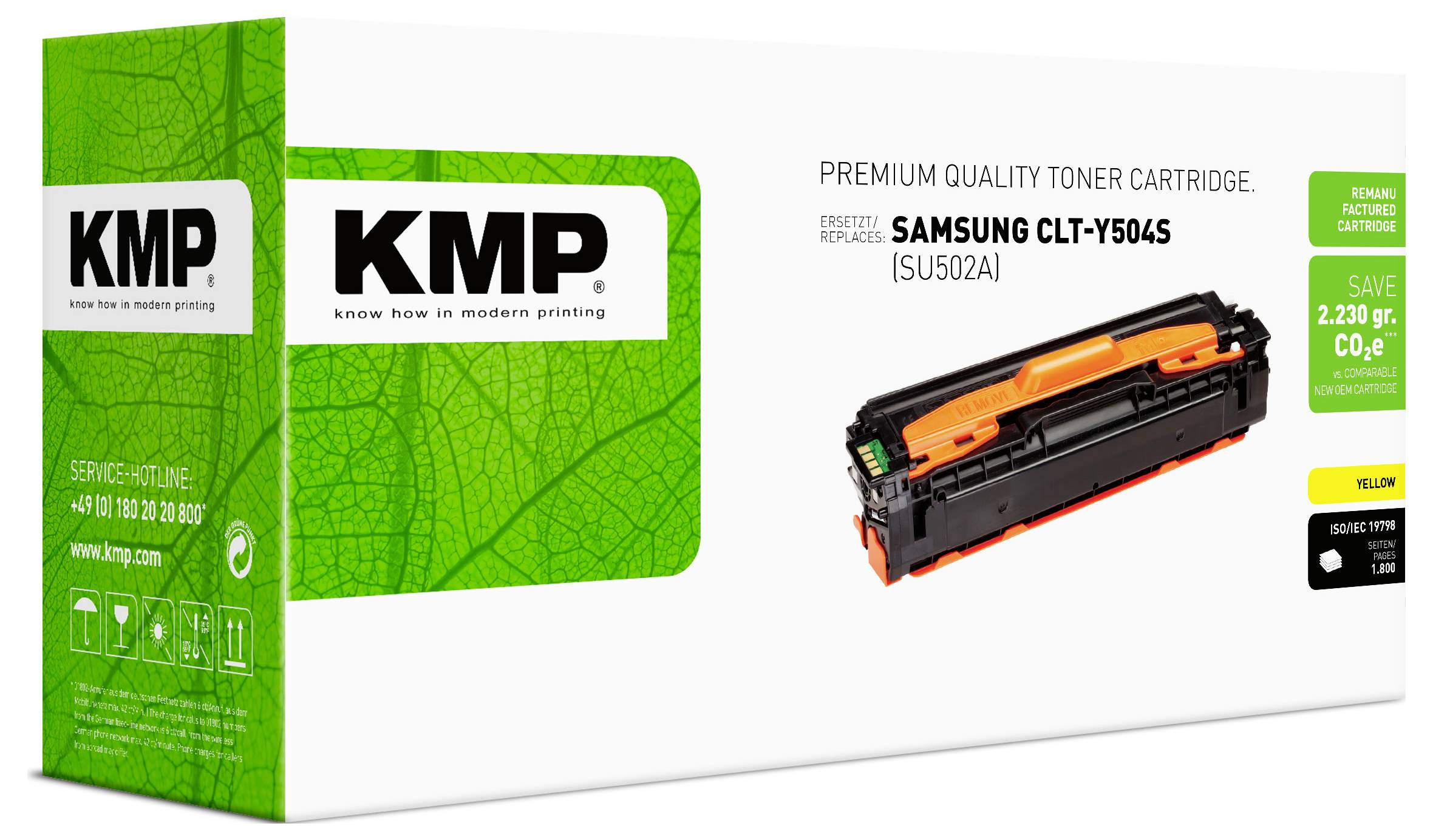 KMP premium kwaliteit tonercartridge verpakking voor Samsung CLT-Y504S, met een zwart-oranje cartridge en groen doosontwerp.