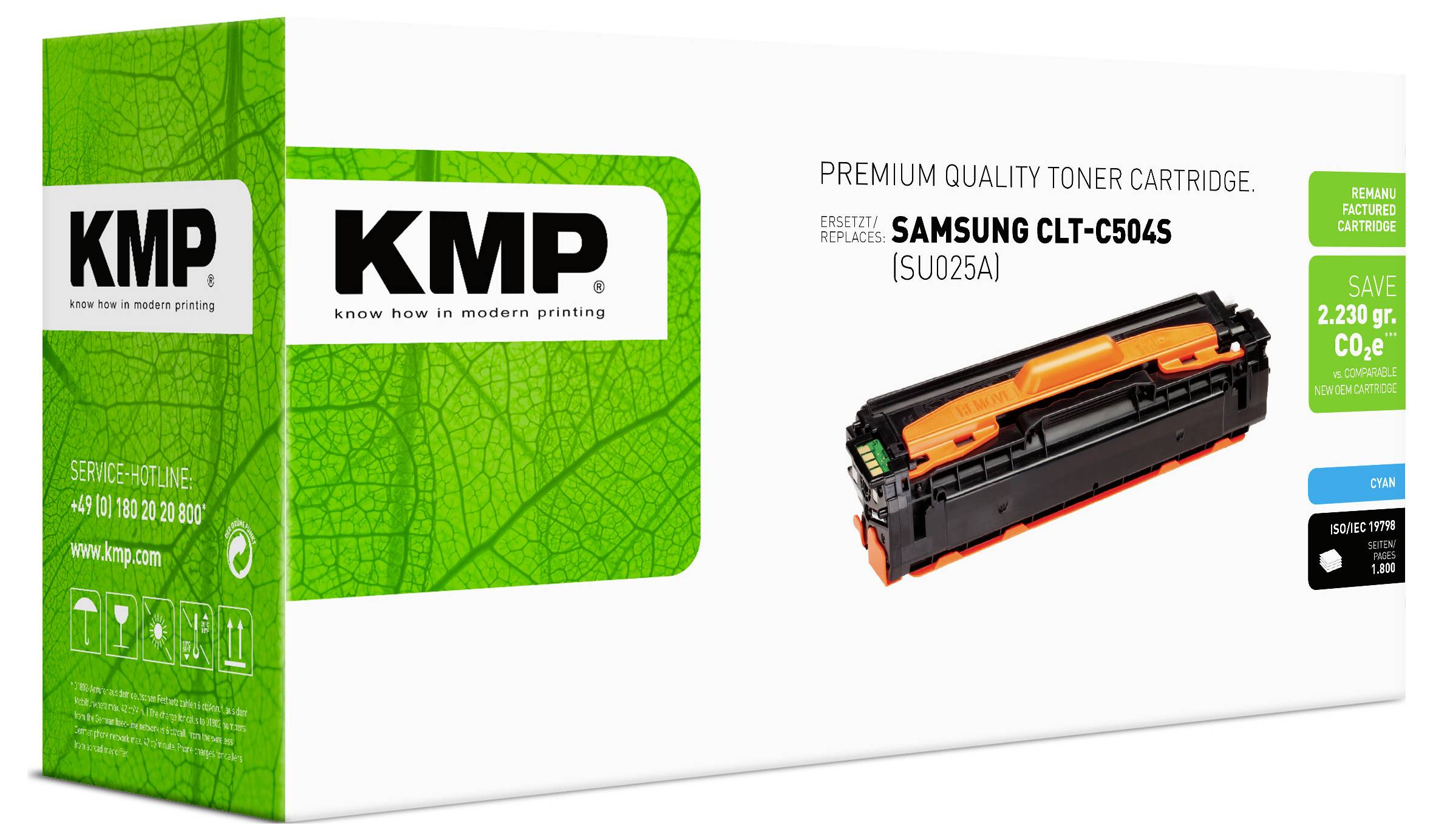 KMP premium tonercartridge doos voor Samsung CLT-C504S, weergegeven met productafbeelding en groene verpakking, geadverteerd als compatible vervangingscartridge.