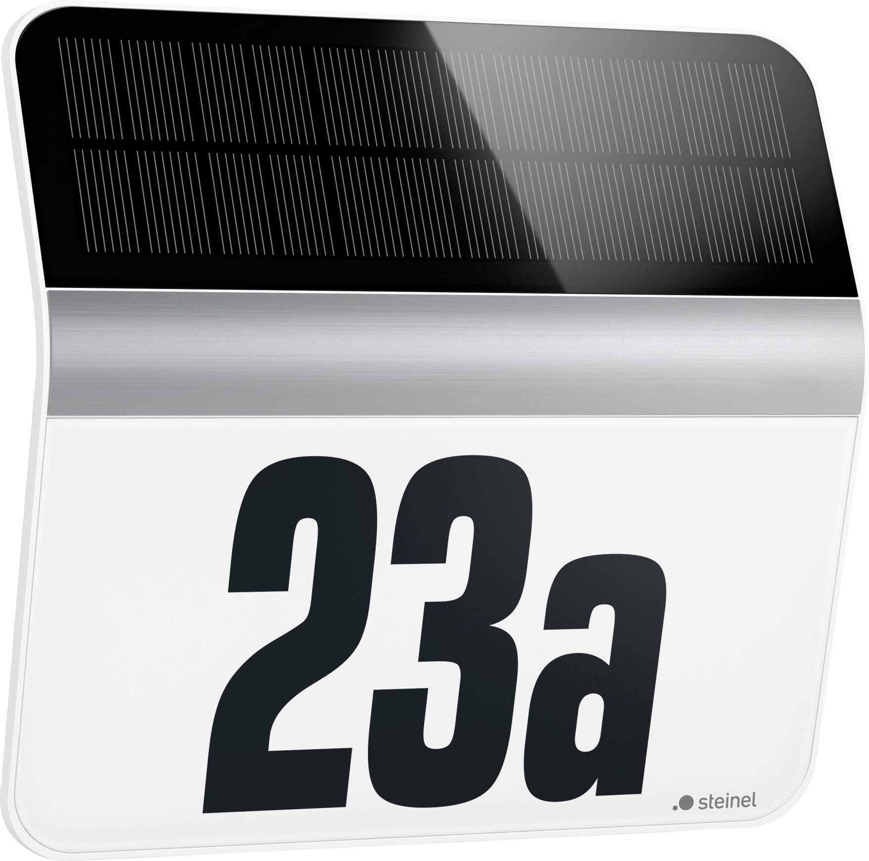 Modern aan de muur gemonteerd zonneenergie-aangedreven huisnummeraanduiding met '23a' en een klein 'steinel'-logo.