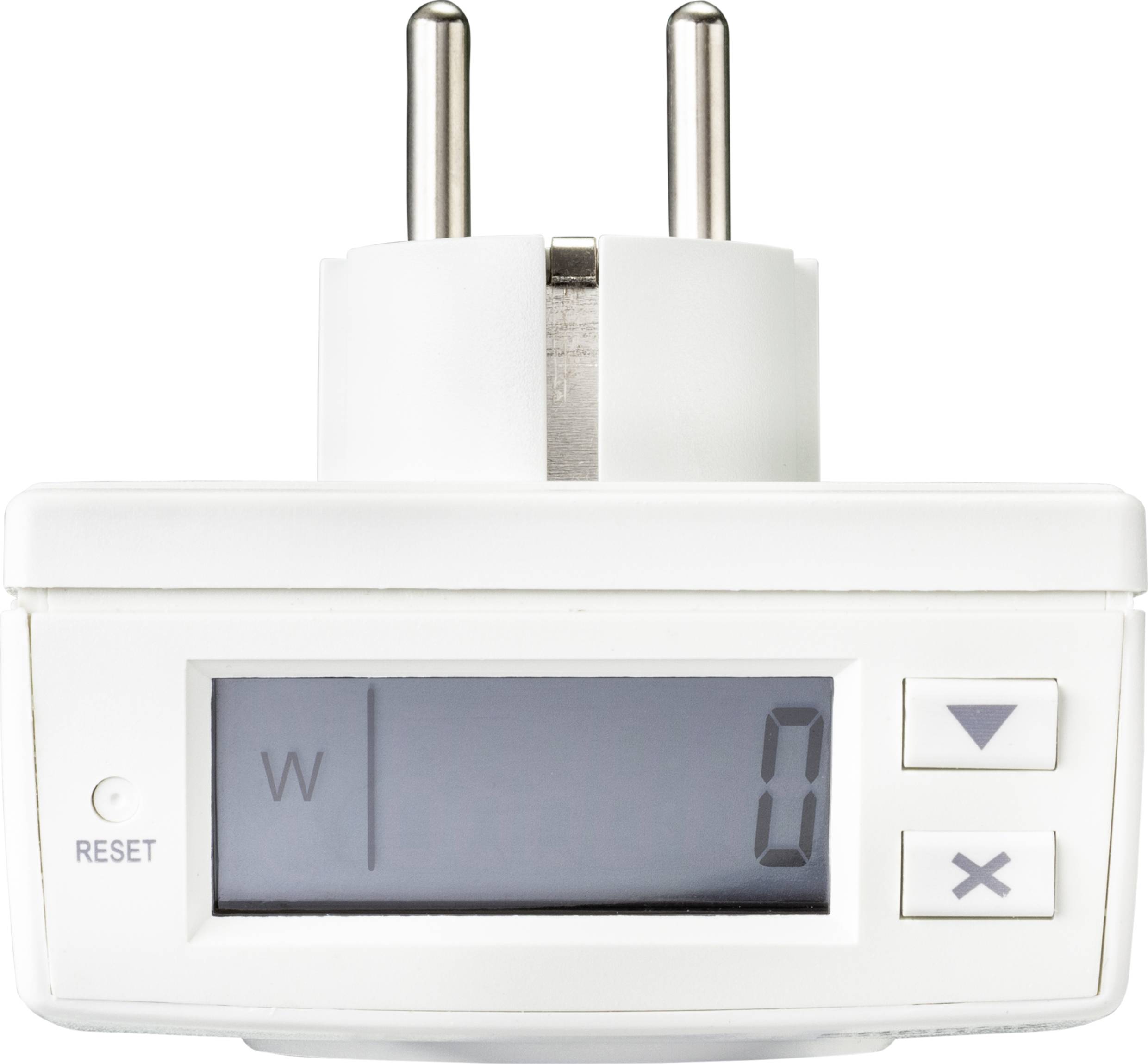 Een digitale energiemeter toont '0 W' op een scherm. Twee knoppen onder het display en een resetknop zijn zichtbaar.