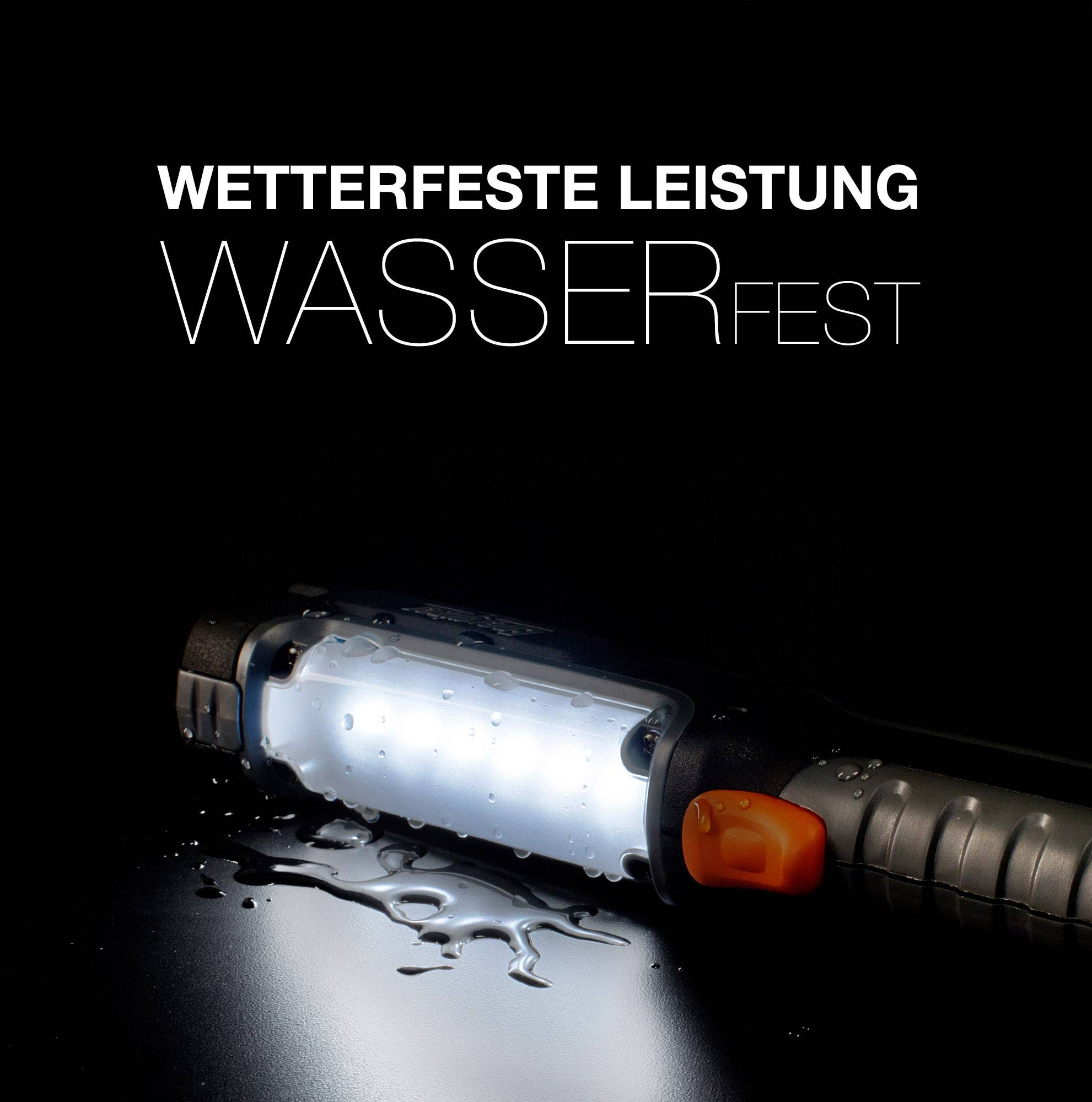 Waterdicht LED-licht met waterbestendig behuizing op zwarte achtergrond, omringd door waterdruppels. Tekst: 'Weersbestendig vermogen' 'Waterbestendig'.