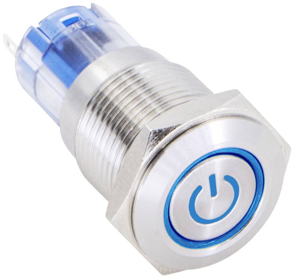 Metalen schakelaar met ronde knop en blauw verlichtingssymbool voor aan/uit. Ideaal voor industriële of elektronische toepassingen.