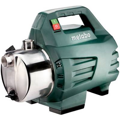 Groene Metabo elektrische waterpump met roestvrijstalen behuizing, handvat en aan/uit-schakelaar, weergegeven op een witte achtergrond.