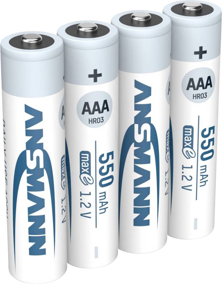 Vier NNN AAA HR03 oplaadbare batterijen gelabeld 550 mAh en max 1,2 V, afgebeeld rechtop staande