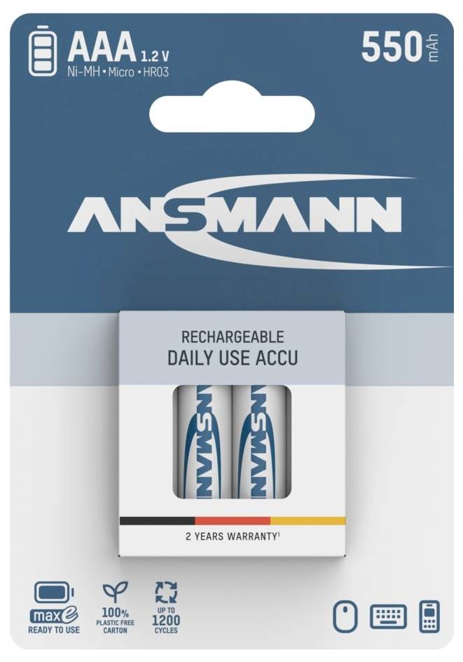 Pakket van twee ANSMANN AAA 1.2V oplaadbare Ni-MH batterijen, 550 mAh, gelabeld 'Daily Use Accu' met 2 jaar garantie.