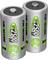 Twee zilveren AA-batterijen met groene 'maxE'-opdrukken, die respectievelijk 1,2V en 2500 mAh aangeven.