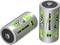 Twee zilveren Ansmann-batterijen met een capaciteit van 2500 mAh, een rechtop, de andere liggend.