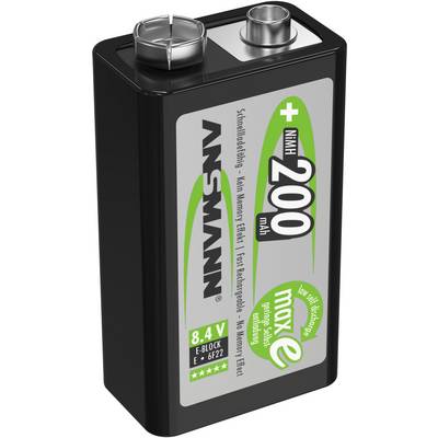 Een 8,4V NiMH-batterij van ANSMANN met 200mAh. Hij is aangeduid als oplaadbaar en prijst zich aan met snel laden en zonder geheugeneffect.
